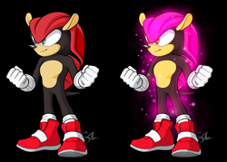 Size: 1600x1146 | Tagged: safe, artist:molochtdl, mighty the armadillo, armadillo, black background, duality, gloves, glowing, looking offscreen, male, red eyes, shoes, signature, simple background, smile, socks, solo, sparkles, standing, super form, super mighty