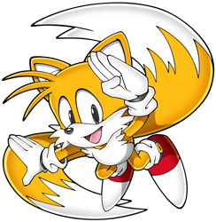 Size: 5375x5500 | Tagged: safe, artist:kidd-kai, miles "tails" prower, fox, chest fluff, flying, gloves, looking at viewer, male, modern tails, mouth open, salute, shoes, simple background, socks, solo, sonic channel, spinning tails, transparent background, uekawa style