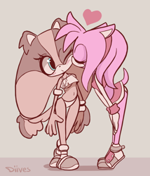 Size: 600x700 | Tagged: suggestive, artist:diives, amy rose, sticks the badger, badger, hedgehog, blushing, eyes closed, female, females only, floppy ears, gloves, grey background, heart, kiss on cheek, leaning in, lesbian, looking at them, one eye closed, panties, shipping, shoes, simple background, standing, sticksamy, underboob