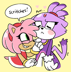 Size: 730x736 | Tagged: safe, artist:cherucat, amy rose, blaze the cat, cat, hedgehog, :<, amybetes, blazeabetes, blushing, cute, dialogue, duo, english text, eyes closed, female, females only, gloves, heart, lesbian, looking at them, purring, scritches, shipping, simple background, speech bubble, standing, yellow background