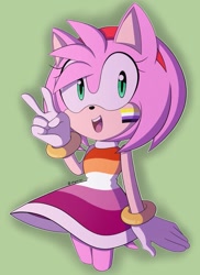 Size: 745x1024 | Tagged: safe, artist:citrus_rojineko, amy rose, hedgehog, facepaint, gloves, green background, lesbian pride, looking at viewer, mouth open, nonbinary, nonbinary pride, pride, simple background, solo, standing, v sign