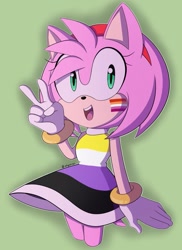 Size: 745x1024 | Tagged: safe, artist:citrus_rojineko, amy rose, hedgehog, alternate version, facepaint, gloves, green background, lesbian pride, looking at viewer, mouth open, nonbinary, nonbinary pride, pride, simple background, solo, standing, v sign