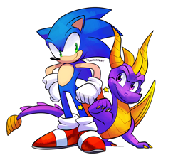 Size: 2236x1954 | Tagged: safe, artist:drawloverlala, sonic the hedgehog, hedgehog, crossover, dragon, duo, male, males only, simple background, spyro the dragon, star (symbol), white background