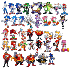Size: 2419x2479 | Tagged: safe, artist:drawloverlala, amy rose, bark the polar bear, big the cat, blaze the cat, charmy bee, cheese (chao), cream the rabbit, dr. finitevus, froggy, knuckles the echidna, metal sonic, mighty the armadillo, miles "tails" prower, nack the weasel, nicole the hololynx, robotnik, rouge the bat, sally acorn, scourge the hedgehog, shadow the hedgehog, silver the hedgehog, sonic man, sonic the hedgehog, vector the crocodile, zonic the zone cop, armadillo, bat, bear, bee, cat, chao, chipmunk, crocodile, echidna, fox, frog, hedgehog, human, lynx, polar bear, rabbit, weasel, sonic the ova, agender, boom amy, boom sonic, character sheet, child, classic amy, classic robotnik, classic sonic, classic style, classic tails, everyone is here, female, group, male, neutral chao, piko piko hammer, robot, self paradox, simple background, sonic boom (tv), sonic shattered realities, transparent background, wall of tags