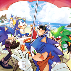 Size: 1624x1621 | Tagged: safe, artist:drawloverlala, scourge the hedgehog, sonic the hedgehog, zonic the zone cop, hedgehog, boom sonic, classic sonic, group, male, males only, self paradox, sonic boom (tv), sonic shattered realities