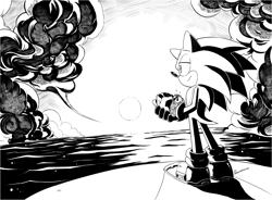Size: 2382x1750 | Tagged: safe, artist:drawloverlala, sonic the hedgehog, hedgehog, archie sonic online, male, monochrome, solo, sonictober