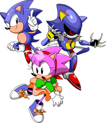Size: 834x971 | Tagged: safe, artist:drawloverlala, amy rose, metal sonic, sonic the hedgehog, hedgehog, sonic cd, classic amy, classic sonic, female, male, robot, simple background, transparent background, trio