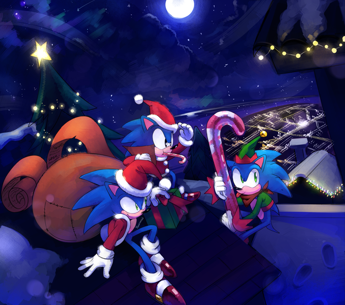 Size: 2607x2300 | Tagged: safe, artist:drawloverlala, sonic the hedgehog, hedgehog, alternate outfit, boom sonic, christmas, classic sonic, featured image, male, males only, self paradox, sonic boom (tv), trio