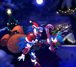 Size: 2607x2300 | Tagged: safe, artist:drawloverlala, sonic the hedgehog, hedgehog, alternate outfit, boom sonic, christmas, classic sonic, male, males only, self paradox, sonic boom (tv), trio