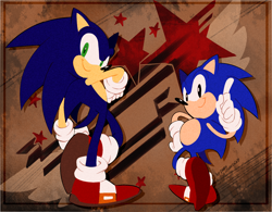 Size: 1608x1255 | Tagged: safe, artist:drawloverlala, sonic the hedgehog, hedgehog, sonic forces, classic sonic, duo, male, males only, self paradox