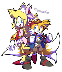 Size: 1900x2200 | Tagged: safe, artist:drawloverlala, miles "tails" prower, zooey the fox, fox, alternate outfit, cosplay, cute, duo, female, male, nia (gurren lagann), shipping, simon (gurren lagann), simple background, sonic boom (tv), straight, tailabetes, tailsey, tengen toppa gurren lagann, transparent background, zooeybetes