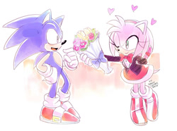 Size: 1280x953 | Tagged: safe, artist:drawloverlala, amy rose, sonic the hedgehog, hedgehog, abstract background, alternate outfit, amy x sonic, amybetes, bouquet, bow tie, cute, duo, female, male, shipping, sonabetes, straight, valentine's day