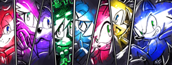 Size: 4000x1500 | Tagged: safe, artist:drawloverlala, amy rose, antoine d'coolette, bunnie rabbot, miles "tails" prower, nicole the hololynx, rotor walrus, sally acorn, sonic the hedgehog, chipmunk, coyote, fox, hedgehog, lynx, rabbit, walrus, female, freedom fighters, group, limited palette, male