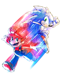 Size: 2148x2619 | Tagged: safe, artist:drawloverlala, sonic the hedgehog, hedgehog, crossover, duo, male, males only, mario, simple background, white background