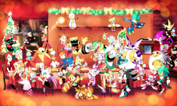 Size: 3162x1897 | Tagged: safe, artist:drawloverlala, amy rose, big the cat, blaze the cat, chaos, charmy bee, cheese (chao), chip, chocola (chao), cream the rabbit, cubot, e-123 omega, eggman nega, espio the chameleon, flicky, froggy, gemerl, jet the hawk, knuckles the echidna, lumina flowlight, marine the raccoon, mephiles the dark, miles "tails" prower, omochao, orbot, princess elise, professor pickle, professor pickle's assistant, robotnik, rouge the bat, shade the echidna, shadow the hedgehog, silver the hedgehog, sonic the hedgehog, sticks the badger, storm the albatross, tails doll, tikal, vanilla the rabbit, vector the crocodile, void, wave the swallow, albatross, badger, bat, bee, bird, cat, chao, crocodile, echidna, fox, frog, hedgehog, human, lizard, rabbit, raccoon, swallow, sonic chronicles, sonic r, sonic shuffle, sonic the hedgehog (2006), sonic unleashed, agender, alternate outfit, chameleon, character chao, child, christmas, cute, dark chao, dinner, everyone is here, female, g.u.n. commander, group, hawk, male, neutral chao, robot, shadow chao, sleeping, sonic riders, sonic rush, telekinesis, wall of tags