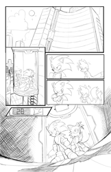 Size: 1974x3037 | Tagged: safe, artist:drawloverlala, miles "tails" prower, sonic the hedgehog, fox, hedgehog, comic, duo, male, males only, monochrome, simple background, sketch, sonic the comic online, white background