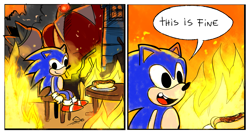 Size: 1407x752 | Tagged: safe, artist:drawloverlala, sonic the hedgehog, hedgehog, chili dog, fire, male, meme, meme redraw, reaction image, redraw, solo, this is fine
