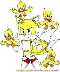 Size: 1010x1204 | Tagged: safe, artist:advert-man, flicky, miles "tails" prower, super tails, bird, fox, 2012, ambiguous gender, angry, classic tails, clenched fists, flying, frown, gloves, group, looking at viewer, male, mid-air, mouth open, shoes, simple background, smile, socks, solo focus, super form, white background