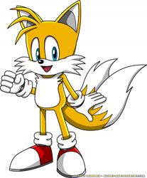 Size: 1490x1800 | Tagged: safe, artist:advert-man, miles "tails" prower, fox, 2012, chest fluff, clenched fist, gloves, looking down, male, modern tails, mouth open, shoes, simple background, smile, socks, solo, standing, white background