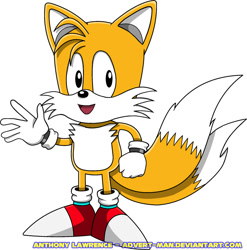 Size: 860x871 | Tagged: safe, artist:advert-man, miles "tails" prower, fox, 2012, classic tails, clenched fist, gloves, looking offscreen, male, mouth open, shoes, simple background, smile, socks, solo, standing, waving, white background