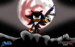 Size: 819x517 | Tagged: safe, artist:gulara111, shadow the hedgehog, hedgehog, abstract background, chest fluff, gloves, gun, holding something, looking ahead, male, moon, nighttime, redraw, shadow the hedgehog (video game), shadow's logo, solo, standing