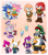 Size: 1244x1410 | Tagged: safe, artist:biko97, amy rose, espio the chameleon, jet the hawk, knuckles the echidna, rouge the bat, sonic the hedgehog, storm the albatross, tikal, wave the swallow, chao, abstract background, ambiguous gender, amy x sonic, group, holding hands, neutral chao, shipping, star (symbol), straight
