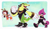 Size: 2080x1196 | Tagged: safe, artist:dirtyfox911911, charmy bee, espio the chameleon, vector the crocodile, abstract background, female, females only, fishnets, gender swap, team chaotix, trio, walking