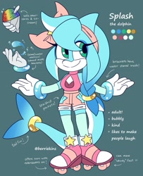 Size: 1740x2145 | Tagged: safe, artist:berriekins, oc, oc:splash the dolphin, dolphin, character sheet, rollerskates, snow cone, solo