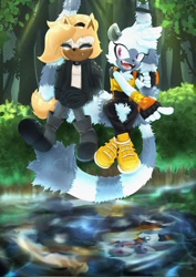 Size: 1451x2048 | Tagged: safe, artist:andre_93a, tangle the lemur, whisper the wolf, diamond cutters outfit, duo, females only, one fang, reflection, tail hug, tangle's running suit