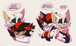 Size: 1280x780 | Tagged: safe, artist:lanzo123, rouge the bat, shadow the hedgehog, dialogue, duo, rouge's heart top