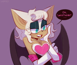 Size: 1280x1088 | Tagged: safe, artist:lanzo123, rouge the bat, chin in hand, dialogue, looking down, rouge's heart top, solo