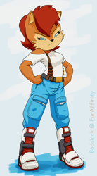 Size: 706x1280 | Tagged: safe, artist:bodalack, sally acorn, cosplay, hands on hips, looking offscreen, off shoulder, solo, suspenders