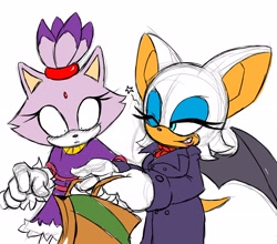 Size: 3393x2983 | Tagged: safe, artist:thenovika, blaze the cat, rouge the bat, duo, female, females only, holding something, looking at something, shopping bag, shrunken pupils, simple background, sketch, white background, wink