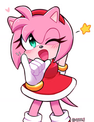 Size: 1088x1406 | Tagged: safe, artist:4622j, amy rose, horn sign, looking at viewer, simple background, solo, star (symbol), white background, wink