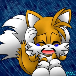 Size: 880x880 | Tagged: safe, artist:miiukka, miles "tails" prower, fox, 2011, abstract background, base used, child, crying, eyes closed, gloves, hands on own head, male, open mouth, rain, sad, shoes, signature, sitting, socks, solo, tears, tears of sadness