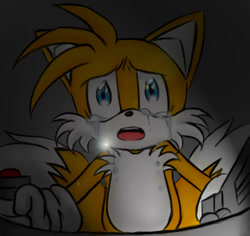 Size: 500x471 | Tagged: safe, artist:ojamajodoremidokkan, miles "tails" prower, fox, 2006, abstract background, crying, holding something, looking ahead, male, open mouth, redraw, sad, solo, sonic x, tears, tears of sadness