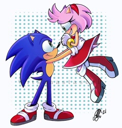 Size: 640x669 | Tagged: safe, artist:antych, amy rose, sonic the hedgehog, amy x sonic, amy's halterneck dress, crying, duo, lifting them, shipping, signature, straight, watermark