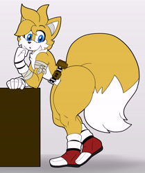 Size: 6474x7756 | Tagged: suggestive, artist:jjackdemol, miles "tails" prower, fox, 2022, abstract background, adult, aged up, belt, bootyfull tails, flat colors, large butt, leaning on something, looking at viewer, male, mouth open, solo, table