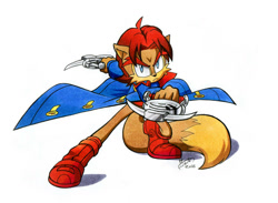 Size: 1024x751 | Tagged: safe, artist:finikart, elias acorn, chipmunk, blue eyes, boots, brown fur, fighting pose, frown, holding something, jacket, looking at viewer, solo, solo male