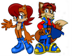 Size: 894x702 | Tagged: safe, artist:scourge1985, elias acorn, sally acorn, chipmunk, fox, duo, female, male, simple background, smile, standing, white background
