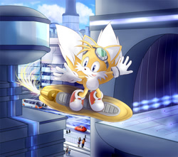 Size: 1000x882 | Tagged: safe, artist:alcyoneax, miles "tails" prower, fox, human, abstract background, arms out, building, car, extreme gear, gloves, goggles, goggles on head, looking ahead, male, metal city, mouth open, shoes, smile, solo, solo focus, sonic riders
