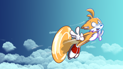 Size: 1920x1080 | Tagged: safe, artist:trevor-fox, miles "tails" prower, fox, abstract background, arms out, chest fluff, child, clouds, ear fluff, flying, gloves, looking ahead, male, mouth open, shoes, socks, solo, spinning tails