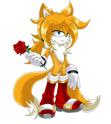 Size: 900x1007 | Tagged: safe, artist:silveralchemist09, miles "tails" prower, fox, fanfic:sonic the return, 2015, aged up, boots, chest fluff, deviantart watermark, eyes clipping through hair, fanfiction art, gloves, hair over one eye, holding something, lidded eyes, male, older, rose, simple background, socks, solo, standing, transparent background