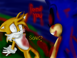 Size: 1024x768 | Tagged: semi-grimdark, artist:duphs, miles "tails" prower, sonic the hedgehog, oc, oc:sonic.exe, fox, hedgehog, abstract background, blood, blood splatter, clenched teeth, dialogue, duo, english text, floppy ears, gloves, hand on ground, looking at each other, lying back, male, males only, sharp teeth, shocked, shrunken pupils, smile