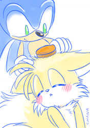 Size: 1049x1494 | Tagged: safe, artist:tailchana, miles "tails" prower, sonic the hedgehog, fox, hedgehog, blushing, brushing, chest fluff, duo, eyes closed, floppy ears, fluffy, gloves, hairbrush, hand on another's head, looking at them, male, males only, mouth open, simple background, smile, white background