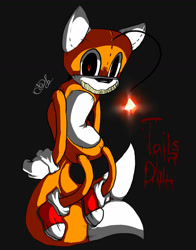Size: 1024x1304 | Tagged: semi-grimdark, artist:kitcatstudio, tails doll, black sclera, blood, character name, clenched teeth, english text, genderless, gloves, glowing, headlight, looking at viewer, mid-air, red eyes, sharp teeth, shoes, signature, smile, socks, solo, stitches