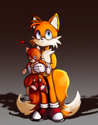 Size: 1007x1280 | Tagged: safe, artist:soolopik, miles "tails" prower, tails doll, fox, duo, frown, genderless, gloves, gradient background, holding them, looking up, male, shoes, socks, standing