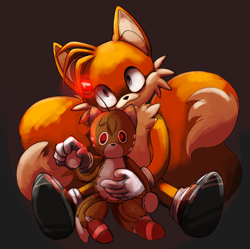 Size: 2280x2275 | Tagged: semi-grimdark, artist:soolopik, miles "tails" prower, tails doll, fox, :3, adorascary, creepy, genderless, glowing, grey background, headlight, holding them, looking up, male, shrunken pupils, simple background, sitting, smile, solo