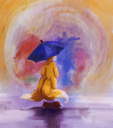 Size: 1126x1280 | Tagged: safe, artist:soolopik, miles "tails" prower, fox, abstract background, back view, child, holding something, male, outdoors, rain, shoes, socks, solo, umbrella