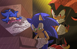 Size: 1624x1040 | Tagged: safe, artist:angelofhapiness, shadow the hedgehog, sonic the hedgehog, hedgehog, baby, cardboard box, chest fluff, clenched teeth, crying, english text, eyes closed, female, holding something, kneeling, looking at them, lying down, male, rain, standing, trio, umbrella